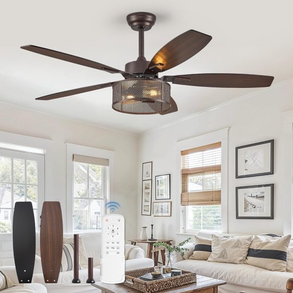 Farmhouse Oil Bronze Ceiling Fans with Lights and Remote, 52 Inch Bedroom Caged Ceiling Fans for Living Room Kitchen6 Speed Reversible Quiet DC Motor, Dual Finish 5 Blades