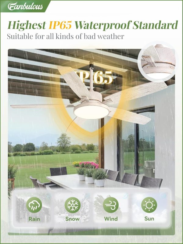 Outdoor Ceiling Fans with Light and Remote,IP65 Wet Rated Waterproof Ceiling Fan with 6-Speed DC Motor, Farmhouse Gazebo Fan for Porch Patios Pavilion(White Gold)