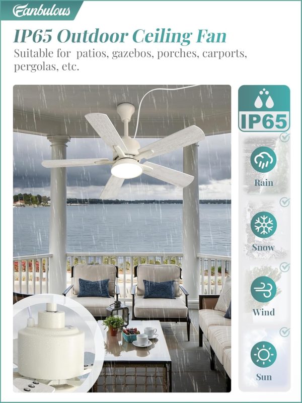 Outdoor Ceiling Fans with Light for Patios, IP65 Waterproof Gazebo Fan, Plug in Ceiling Fan with Remote, 3CCT 6-Speed White Ceiling Fan with Hanging Hook for Porch, Pergola,Canopy