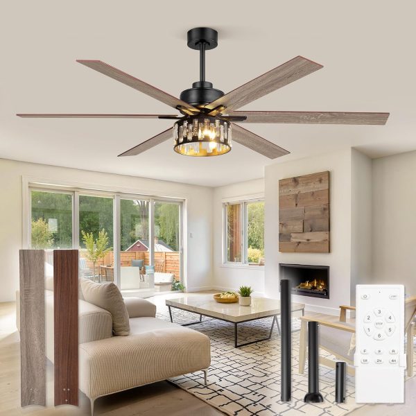 65 Inch Farmhouse Crystal Ceiling Fan with Lights and Remote, Chandelier Ceiling Fan with Quiet Reversible DC Motor, Wood Blades - Ideal for Bedroom
