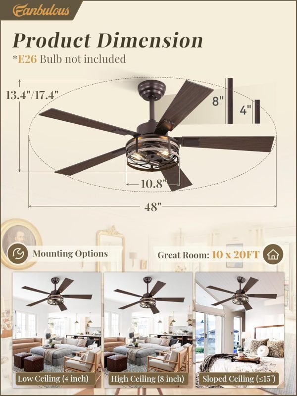 Farmhouse Ceiling Fans with Light, 48 Inch Bedroom Ceiling Fan with Lights, 6-Speed Adjustable, Quiet and Reversible DC Motor, 5 Dual Finish Blades, Rustic Caged Ceiling FanOil Bronze