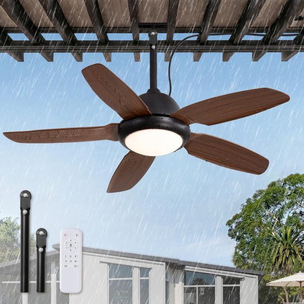 42 Inch Wet Rated Outdoor Ceiling Fan with Lights and Remote,IP65 Hanging Gazebo Fan with 3CCT 6-Speed DC Motor,Brown Waterproof Plug in Ceiling Fan with Cord for Patios Porch Pergola Pavilion