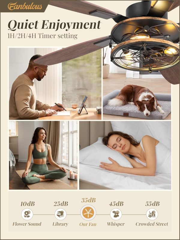 42 Inch Farmhouse Ceiling Fan with Light and Remote, Black Industrial Caged Flush Mount Ceiling Fans with 6 Speed Reversible Motor and Dual Finish 5 Blades, Rustic Ceiling Fan for Living room, Bedroom