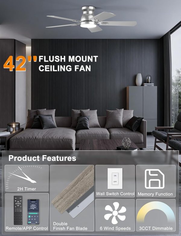 Ceiling Fans with Lights, 42 Inch Low Profile Ceiling Fan with Light and Remote/APP Control, Flush Mount, Dimmable, Qiuet DC Motor, Silver Small Indoor Ceiling Fan for Bedroom, Kitchen