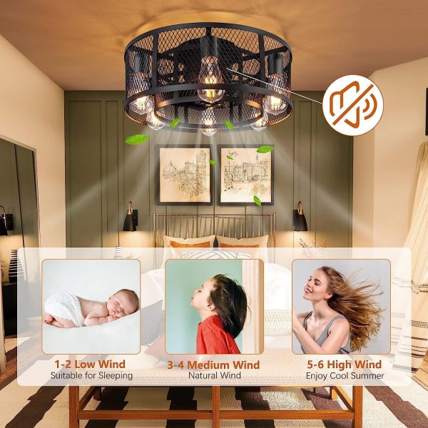 Cage Ceiling Fan with Light - 21'' Farmhouse Flush Mount Ceiling Fan Remote Control, Small Bladeless Caged Ceiling Fan for Kitchen Bedroom
