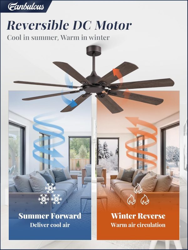 62 Inch Ceiling Fans No Light with Remote, Modern Ceiling Fan without Light, Dual Finish 8 Blades, Reversible DC Motor, 6 Speed, Large Ceiling Fan for Indoor or Covered Outdoor, Oil Bronze