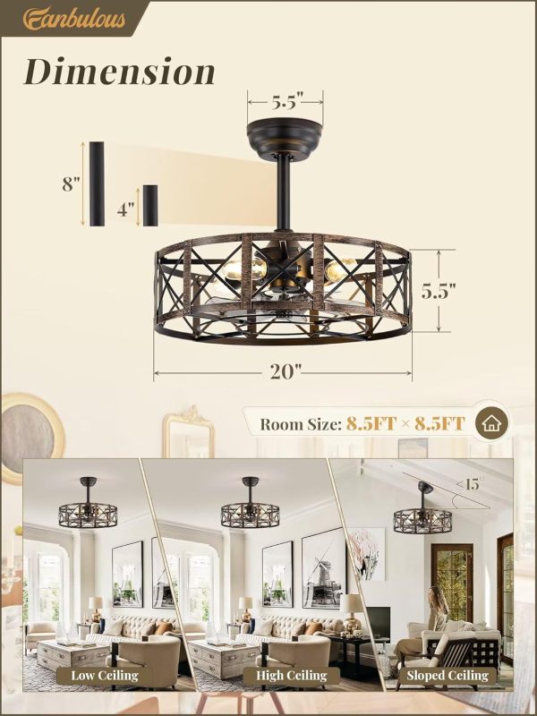 20 Inch Fandelier Caged Ceiling Fans with Lights and Remote, Black Farmhouse Ceiling Fan, Bladeless Samll Fan Lights Ceiling Fixtures for Kitchen, Bedroom-Black and Gold