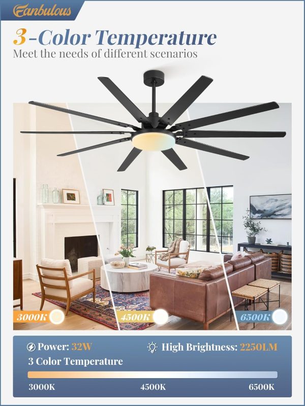 72 inch Large Ceiling Fans with Lights and Remote, Reversible DC Motor,3 CCT, 6 Speed, Modern Ceiling Fan for Living Room Patio, Black