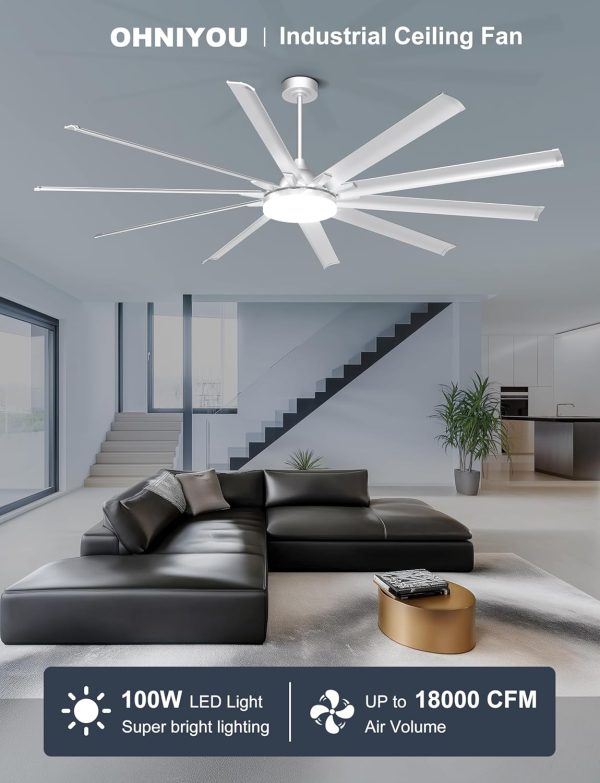 Industrial Ceiling Fan with Bright Lights - Remote/APP Control, High CFM, Large Ceiling Fan for Shop, Covered Outdoor, Great Room, Silver