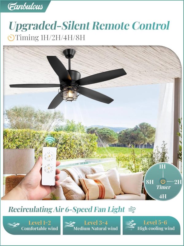 Outdoor Ceiling Fans with Lights and Remote Control,IP65 Wet Rated Waterproof Ceiling Fan with 6-Speed DC Motor, Farmhouse Gazebo Fan for Porch Patios PavilionBlack