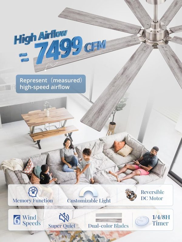 72 Inch Ceiling Fans with Lights and Remote, Dual-Sided Reversible Blades for Versatile Dcor, Quiet DC Motor, 120 Wide-Angle Customized Brightness & 3CCT, Damp Rated for Indoor/Outdoor Use