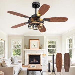 42 Inch Farmhouse Ceiling Fan with Light and Remote, Black Industrial Caged Flush Mount Ceiling Fans with 6 Speed Reversible Motor and Dual Finish 5 Blades, Rustic Ceiling Fan for Living room, Bedroom