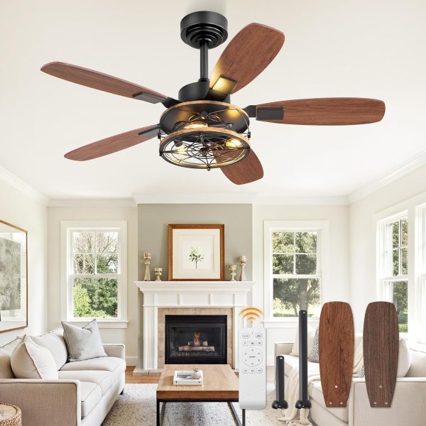 42 Inch Farmhouse Ceiling Fan with Light and Remote, Black Industrial Caged Flush Mount Ceiling Fans with 6 Speed Reversible Motor and Dual Finish 5 Blades, Rustic Ceiling Fan for Living room, Bedroom