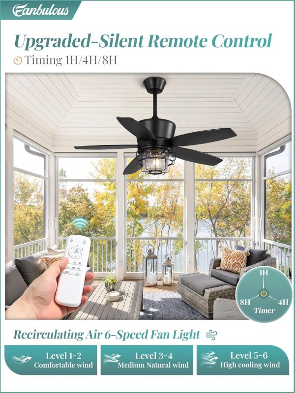 Outdoor Ceiling Fans with Lights and Remote Control,IP65 Wet Rated Waterproof Ceiling Fan with 6-Speed DC Motor, Farmhouse Gazebo Fan for Porch Patios PavilionBlack