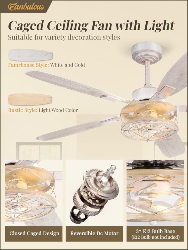 52 Inch Farmhouse Ceiling Fan with Light and Remote, White and Gold Flush Mount Ceiling Fans with 6 Speed Reversible Motor and Dual Finish 5 Blades, Rustic Ceiling Fan for Living Room, Bedroom