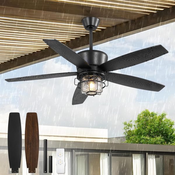 Outdoor Ceiling Fans with Lights and Remote Control,IP65 Wet Rated Waterproof Ceiling Fan with 6-Speed DC Motor, Farmhouse Gazebo Fan for Porch Patios PavilionBlack