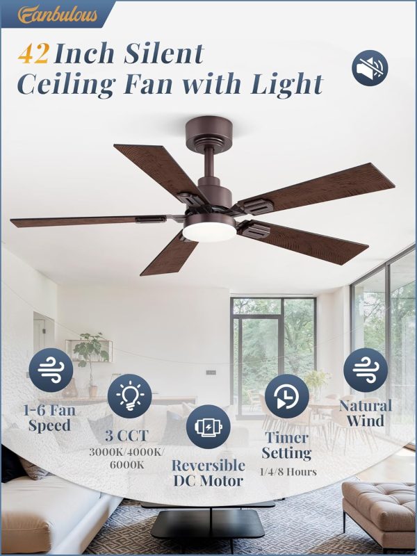 42 Ceiling Fans with Lights and Remote, Modern Low Profile Ceiling Fans with Dimmable 3CCT Quiet DC Motor, Reversible Celing Fan with 6-Speeds Timer for Bedroom, Oil Bronze