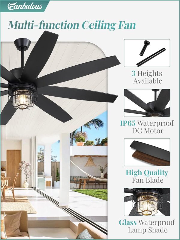Outdoor Ceiling Fans with Lights and Remote Control, IP65 Wet Rated Waterproof Ceiling Fan with 6-Speed DC Motor, Farmhouse Gazebo Fan for Porch Patios PavilionBlack