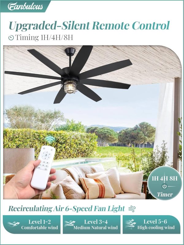 Outdoor Ceiling Fans with Lights and Remote Control, IP65 Wet Rated Waterproof Ceiling Fan with 6-Speed DC Motor, Farmhouse Gazebo Fan for Porch Patios PavilionBlack
