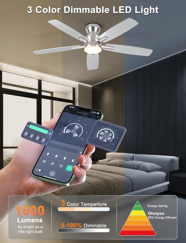 Ceiling Fans with Lights, Low Profile Ceiling Fan with Light and Remote/APP Control, Modern Flush Mount Ceiling Fan for Indoor Bedroom Living Room, Dimmable, Qiuet DC Motor, Silver