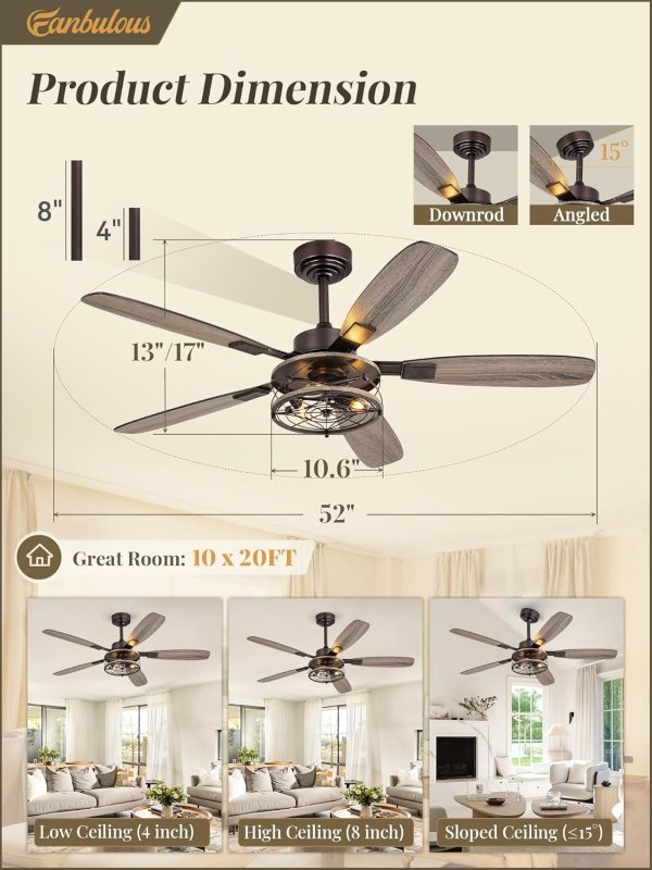 52 Inch Farmhouse Ceiling Fan with Light and Remote, Oil Bronze Industrial Flush Mount Ceiling Fans with 6 Speed Reversible Motor and Dual Finish 5 Blades, Rustic Ceiling Fan for Living Room, Bedroom