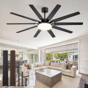 65 inch Large Ceiling Fans with Lights and Remote, Outdoor Black Ceiling Fan with 10 Blades, 32W LED Light 3 CCT, 6 Speed Reversible Quiet DC Motor, Modern Ceiling Fan for Living Room Patio