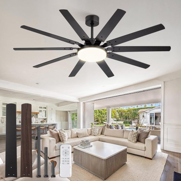 65 inch Large Ceiling Fans with Lights and Remote, Outdoor Black Ceiling Fan with 10 Blades, 32W LED Light 3 CCT, 6 Speed Reversible Quiet DC Motor, Modern Ceiling Fan for Living Room Patio