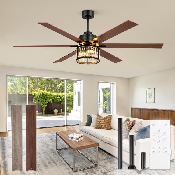 65 Inch Farmhouse Crystal Ceiling Fan with Lights and Remote, Chandelier Ceiling Fan with Quiet Reversible DC Motor, Wood Blades - Ideal for Bedroom