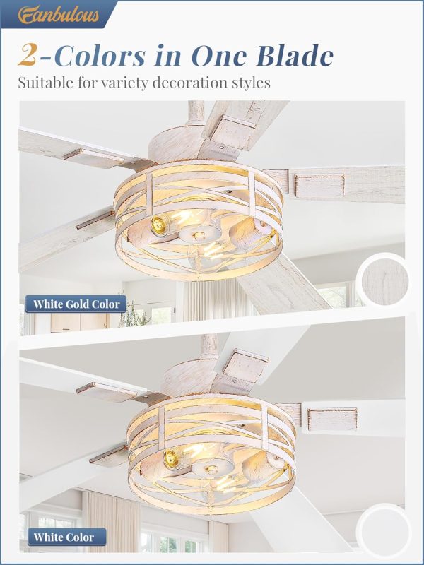 Farmhouse Ceiling Fans with Light, 48 Inch Bedroom Ceiling Fan with Lights, 6-Speed Adjustable, Quiet and Reversible DC Motor, 5 Dual Finish Blades, Rustic Caged Ceiling FanWhite and Gold Color