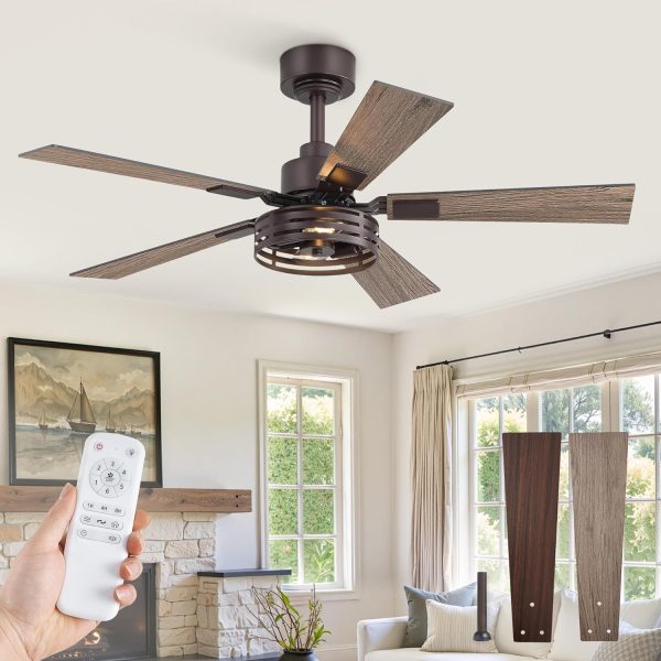 Farmhouse Caged Ceiling Fans with Lights and Remote, 42 Inch Oil Bronze Bedroom Ceiling Fans for Living Room Kitchen6 Speed Reversible Quiet DC Motor, Dual Finish 5 Blades