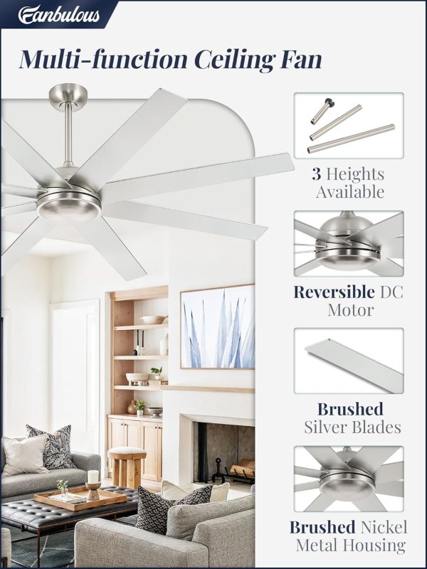 65 Inch Ceiling Fans No Light with Remote, Brushed Nickel Indoor/Outdoor Ceiling Fan Without Light with Quiet Reversible DC Motor, 6 Speeds, 8 Blades Large Ceiling Fan for Living Room Bedroom Patio
