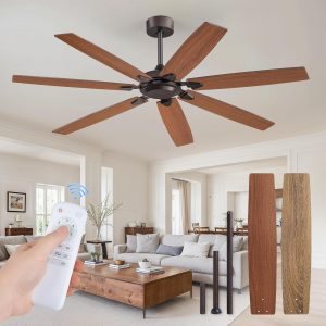 62 Inch Ceiling Fan No Light with Remote Control, Brown Ceiling Fans Without Light With 6-Speeds Quiet Reversible DC Motor, Indoor/Outdoor Ceiling Fan with Dual Finish 7 Blades for Patio Living Room