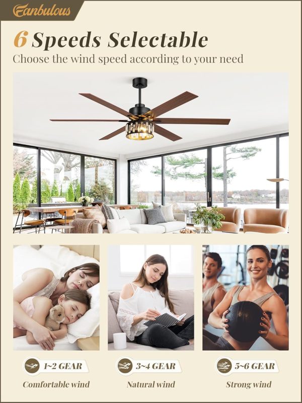 65 Inch Farmhouse Crystal Ceiling Fan with Lights and Remote, Chandelier Ceiling Fan with Quiet Reversible DC Motor, Wood Blades - Ideal for Bedroom