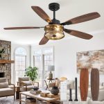 Farmhouse Ceiling Fan with Light and Remote, Black Rustic Flush Mount Ceiling Fans for Bedroom Living Room, Industrial Caged Ceiling Fan for 6 Speed Reversible Motor, 5 Dual Blades