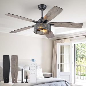 81chGbRJnuL._AC_SL1500_.jpg Farmhouse Ceiling Fans with Lights and Remote, 52 Inch Industrial Black Caged Ceiling Fans for Living Room Bedroom Kitchen, 6 Speed Reversible Quiet DC Motor, Dual Finish 5 Blades