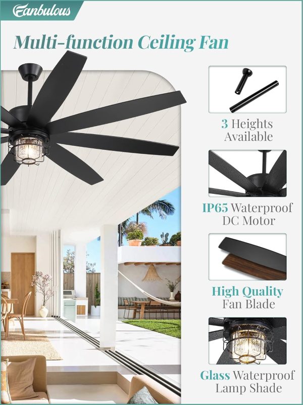 Outdoor Ceiling Fans with Lights and Remote Control,IP65 Wet Rated Waterproof Ceiling Fan with 6-Speed DC Motor, Farmhouse Gazebo Fan for Porch Patios PavilionBlack