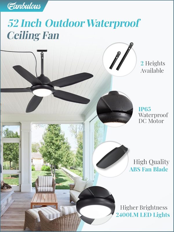 52 Inch Waterproof Outdoor Ceiling Fan with Lights and Remote,IP65 Hanging Gazebo Fan with 3CCT 6-Speed DC Motor,Black Wet Rated Plug in Ceiling Fan with Cord for Patios Porch Pergola
