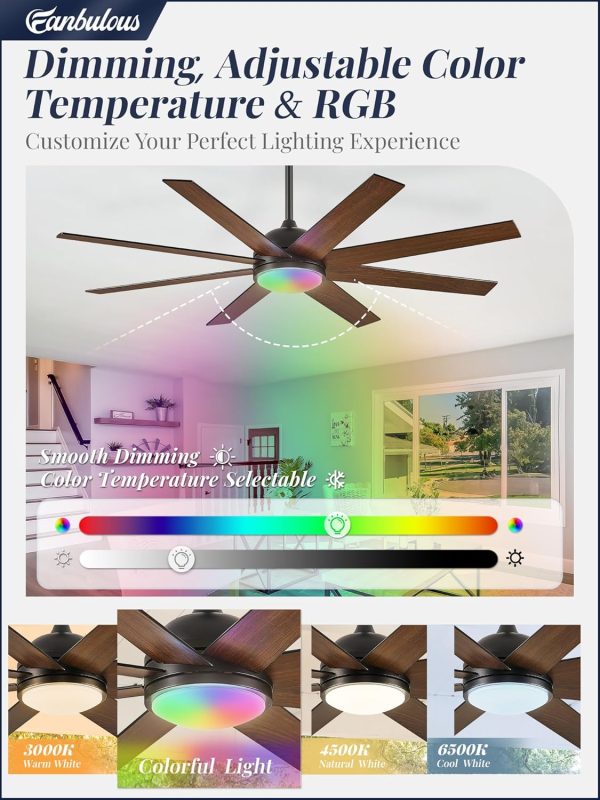 60 Inch RGB Ceiling Fans with Lights and Remote&APP Control, Black Smart Ceiling Fan with Quiet Reversible DC Motor, 6 Speeds, 3CCT, Dimmable, Large Ceiling Fan for Living Room Bedroom