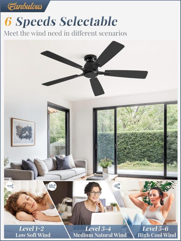 52 Inch Flush Mount Ceiling Fan No Light with Remote,Black Modern Low Profile Ceiling Fan Without Light,6-Speeds,Quiet Reversible DC Motor,Indoor&Outdoor Ceiling Fans for Bedroom,Living Room