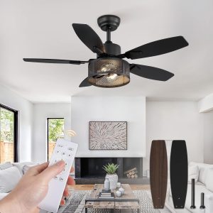 81dSUjSpD6L._AC_SL1500_.jpg Farmhouse Ceiling Fans with Lights and Remote, 42 Inch Industrial Black Caged Ceiling Fans for Living Room Bedroom Kitchen, 6 Speed Reversible Quiet DC Motor, Dual Finish 5 Blades
