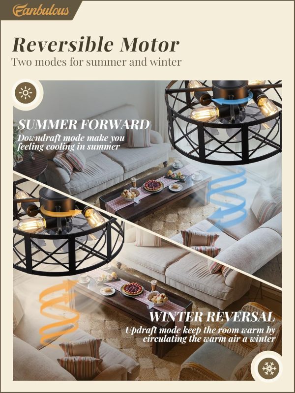 16in Black Fandelier Ceiling Fans with Lights and Remote, Caged Enclosed Farmhouse Ceiling Fan with 6 Speeds and Timing, Small Bladeless Chandelier Fan Lights Ceiling Fixtures-Black