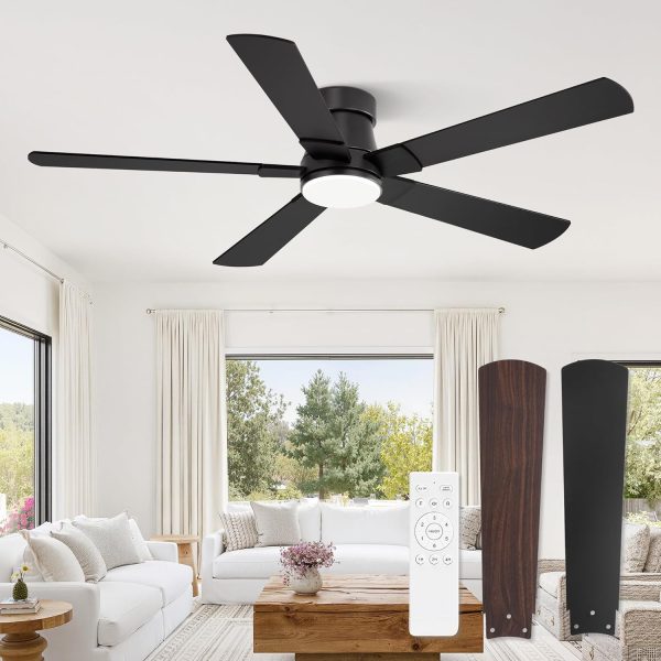 Ceiling Fans with Lights and Remote, 52 inch Low Profile Flush Mount Ceiling Fan,Black Modern Ceiling Fan with LED Light for Bedroom Indoor Outdoor-5 Reversible blades, 3CCT, 6 Speeds, Timer