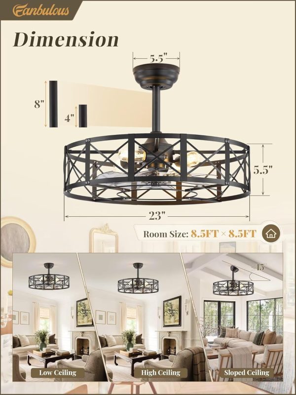 23 Inch Fandelier Caged Ceiling Fans with Lights and Remote, Black Bladeless Ceiling Fan with 6 Speeds and Timing, Farmhouse Samll Fan Lights Ceiling Fixtures for Kitchen, Bedroom-Black