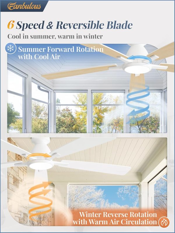 60 inch Ceiling Fans with Lights, Smart Flush Mount Ceiling Fan and Remote APP, Modern Low Profile, 3CCT 20W LED with 6-Speeds Quiet Reversible Motor for Bedroom, Living Room, Kitchen, White