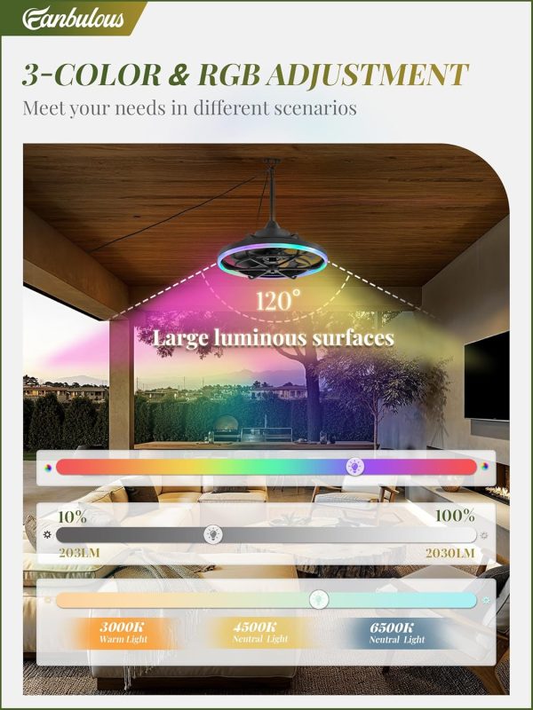 Outdoor RGB Ceiling Fans with Light for Patios, 20" Waterproof Plug in Ceiling Fan, Gazebo Fan Remote&APP Control, 3CCT Dimmable,Caged Ceiling Fan with Hanging Hook for Porch, Pergola