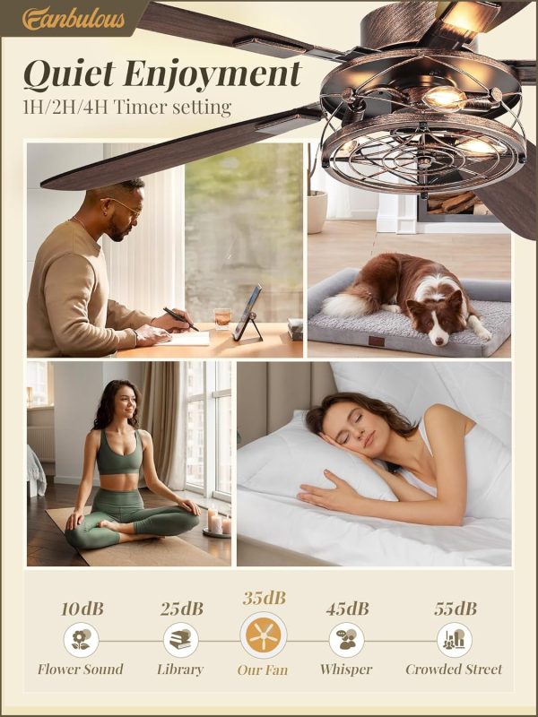 52 Inch Farmhouse Ceiling Fan with Light and Remote, Black and Gold Industrial Caged Ceiling Fans with 6 Speed Reversible Motor and Dual Finish 5 Blades, Rustic Ceiling Fan for Living Room, Bedroom