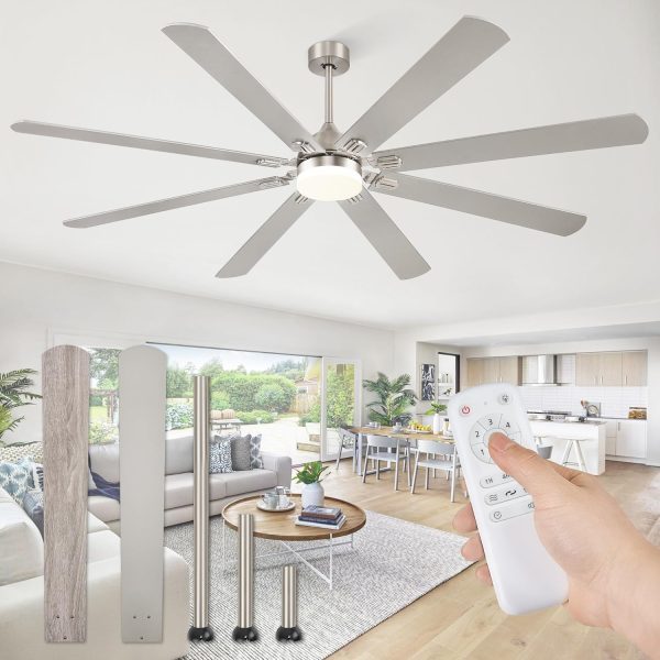 80 Inch Ceiling Fans with Lights,Nickel Modern Ceiling Fan with Remote,Large Farmhouse Indoor & Outdoor Ceiling Fan with 8 Dual Finish Blades, Quiet DC Motor, Bright LED Light