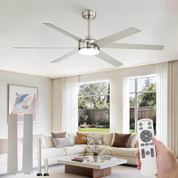 60 Inch Ceiling Fans with Lights and Remote, Reversible 6 Blades, Dimmable, 3000K-6000K Adjustable, Outdoor Ceiling Fans for Patios, Large Ceiling Fan for Indoor or Covered Outdoor, Nickel