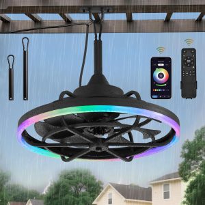 Outdoor RGB Ceiling Fans with Light for Patios, 20" Waterproof Plug in Ceiling Fan, Gazebo Fan Remote&APP Control, 3CCT Dimmable,Caged Ceiling Fan with Hanging Hook for Porch, Pergola