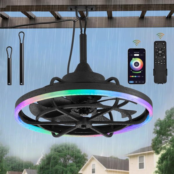 Outdoor RGB Ceiling Fans with Light for Patios, 20" Waterproof Plug in Ceiling Fan, Gazebo Fan Remote&APP Control, 3CCT Dimmable,Caged Ceiling Fan with Hanging Hook for Porch, Pergola